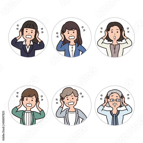 ビジネス　女性の表情アイコン　困る，焦る，悩む