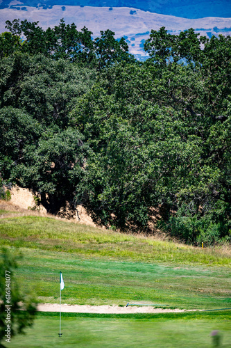 Golf course hole with flag and mountain in background