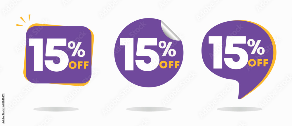 15% off. Sales discount tag. Special offer, promotion. For stores, retail. Vector illustration sticker