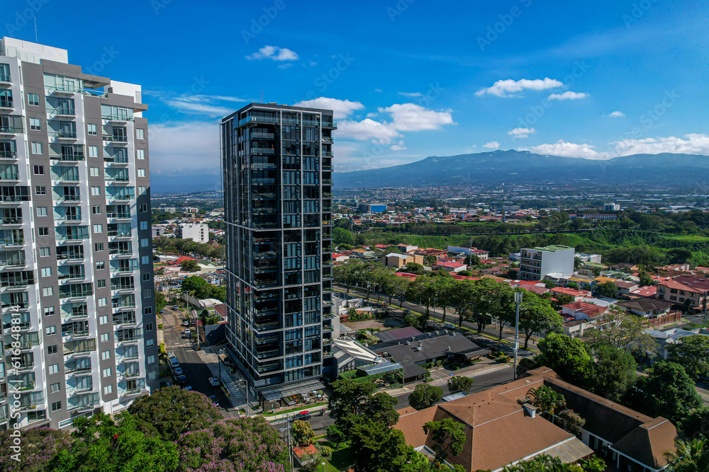 Beautiful aerial view of the Sabana Park in San Jose Costa Rica, and its Skyscrapers, next to the National Stadium