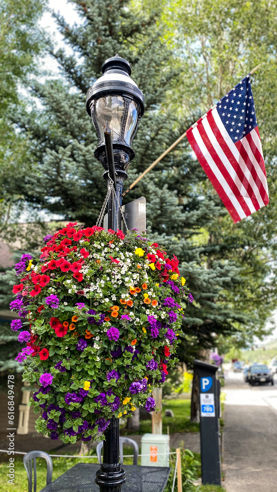 Street lamp with flowers and American Flag