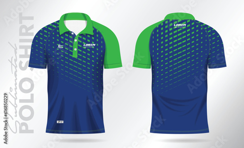 blue green sublimation Polo Shirt mockup template design for badminton jersey, tennis, soccer, football or sport uniform