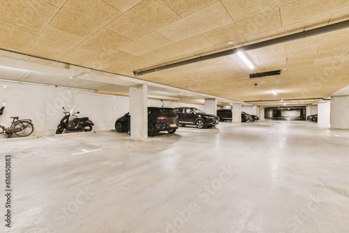 the inside of a parking garage with motorcycles parked in it and on the floor there is an empty space to be used