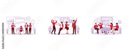 Team workers discuss and exchange ideas. Young business people gathered and happy celebrating success. The office team gather in the cafe and have a team meeting. Trend Modern vector flat illustration