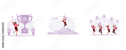 Excited businesswoman celebrating victory. Male businessman excited and jumping holding trophy. Young employees are enthusiastic and jumping, celebrating success. Trend Modern vector flat illustration
