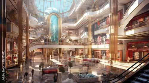 A spacious, luxurious mall interior with elegant stores, high ceilings, and visually appealing design elements. Generative AI. © Sebastián Hernández
