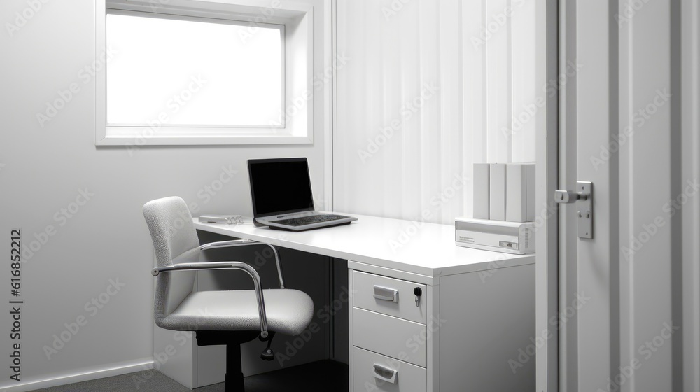 Interior of mobile container site office for construction site. Shipping container. Portable house and office cabins,Generative AI illustration Interior of mobile container site office for construction site. Shipping container. Portable house and office cabins,Generative AI illustration