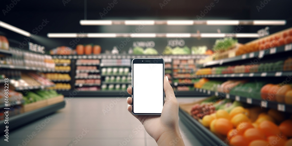 Fototapeta premium Smartphone with a blank white screen on the background of the vegetable department of the supermarket and close-up. Generative AI