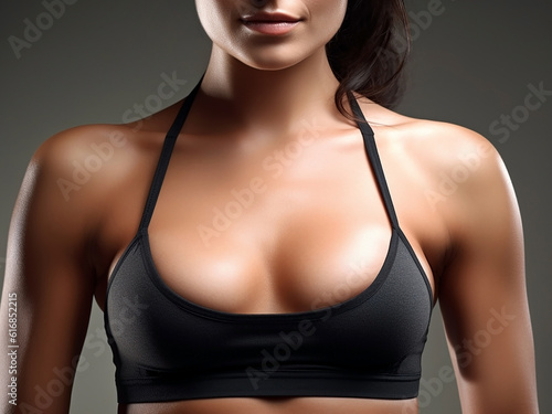Chest and upper body of a beautiful athletic young woman, close-up. Generative AI