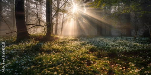 Sunbeams and light morning mist in summer dense deciduous forest. Generative AI