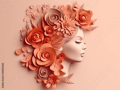 Paper profile of a beautiful woman with flowers in her hair, close-up. Generative AI © Tatiana