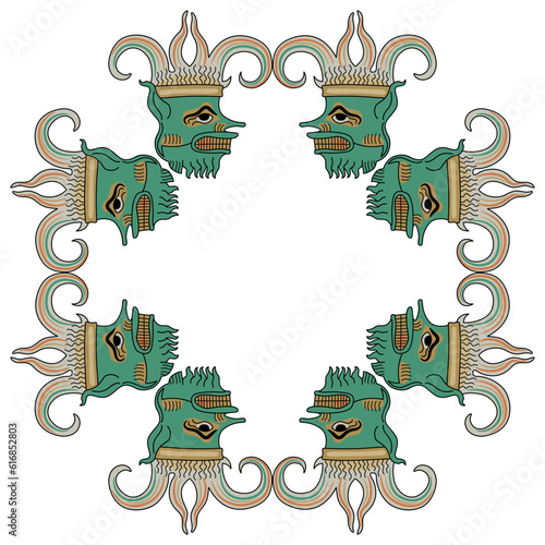Square frame or ornament with heads of medieval monster demons with green faces.  Isolated vector illustration.