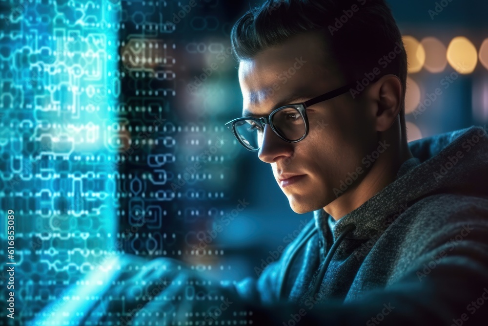 Close-up shot of a software engineer working on a computer. The code lines are reflected in front of Developers working on ecommerce innovations Close-up shot of a software engineer working on a computer. The code lines are reflected in front of Developers working on ecommerce innovations