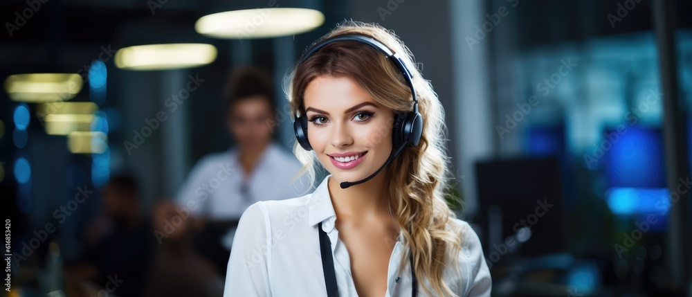 Call center, young woman and smile in contact us with CRM, headset with mic and mockup space. Customer service consultant, happy female and telemarketing with sales and help desk Call center, young woman and smile in contact us with CRM, headset with mic and mockup space. Customer service consultant, happy female and telemarketing with sales and help desk