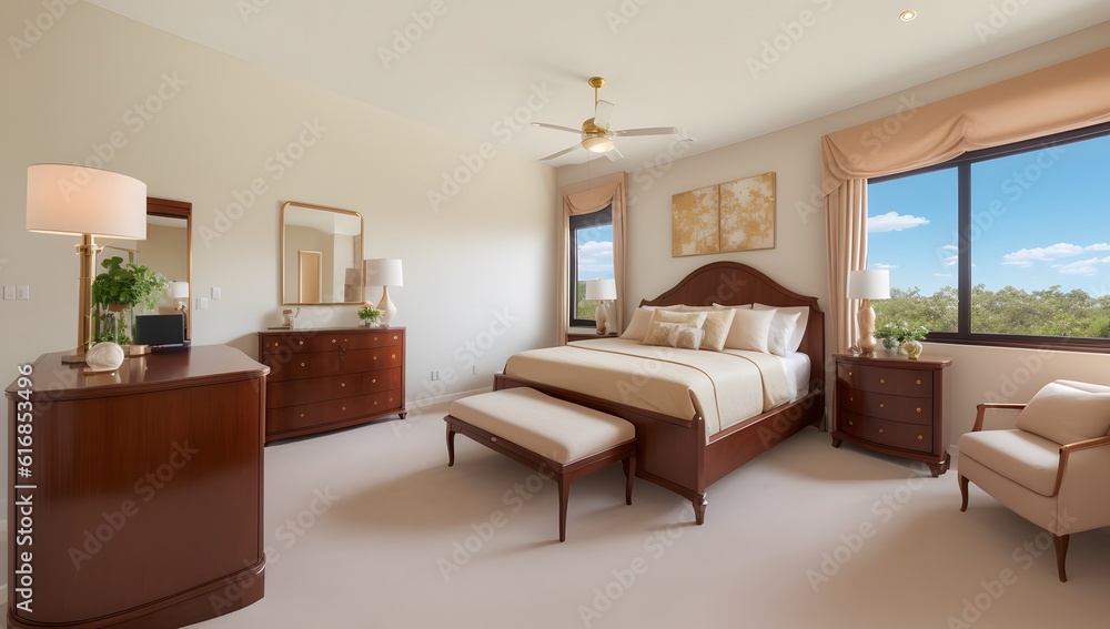 Fototapeta premium A Depiction Of A Majestic Bedroom With A Large Window And A View AI Generative