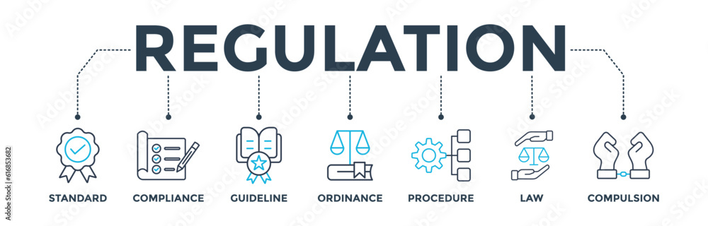 Regulation banner web icon vector illustration concept with icon of standard, compliance, guideline, ordinance, procedure, law and compulsion Regulation banner web icon vector illustration concept with icon of standard, compliance, guideline, ordinance, procedure, law and compulsion