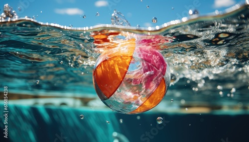 Vibrant Summer - Beach Ball Bouncing on Pool Water During Party. Generative AI