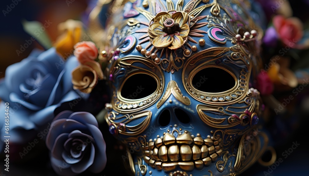 Festive Skull - Decorated Sugar Skull for Dia de los Muertos. Generative AI