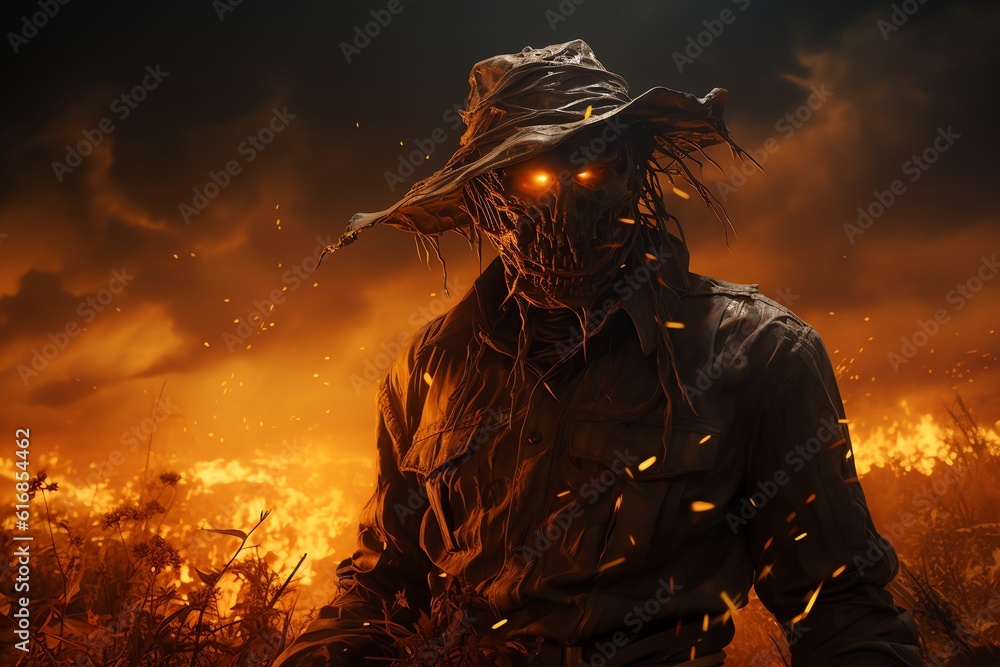 Burning scarecrow rustic farm protector