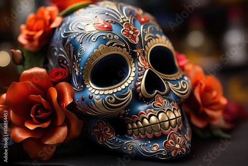 Festive Skull - Decorated Sugar Skull for Dia de los Muertos. Generative AI
