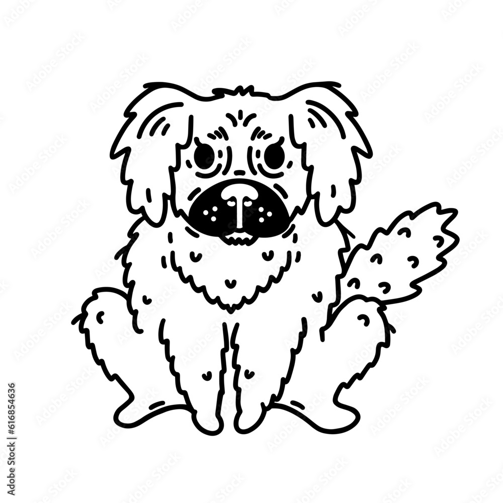 Fototapeta premium Cute fluffy pekingese vector icon. Longhair Chinese black and white dog smiles and sits. Funny puppy, friendly pet. Nice domestic animal. Simple doodle, sketch. Isolated clipart for poster, print, web