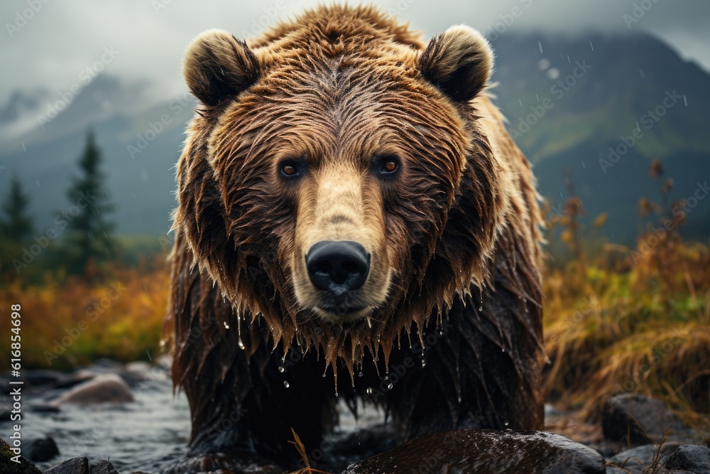Stand Tall - Imposing Grizzly Bear in Alaskan Wilderness. Generative AI Stand Tall - Imposing Grizzly Bear in Alaskan Wilderness. Generative AI