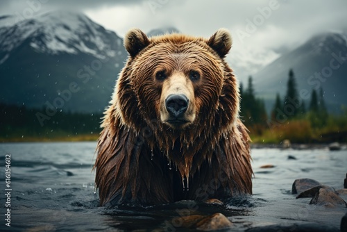 Stand Tall - Imposing Grizzly Bear in Alaskan Wilderness. Generative AI