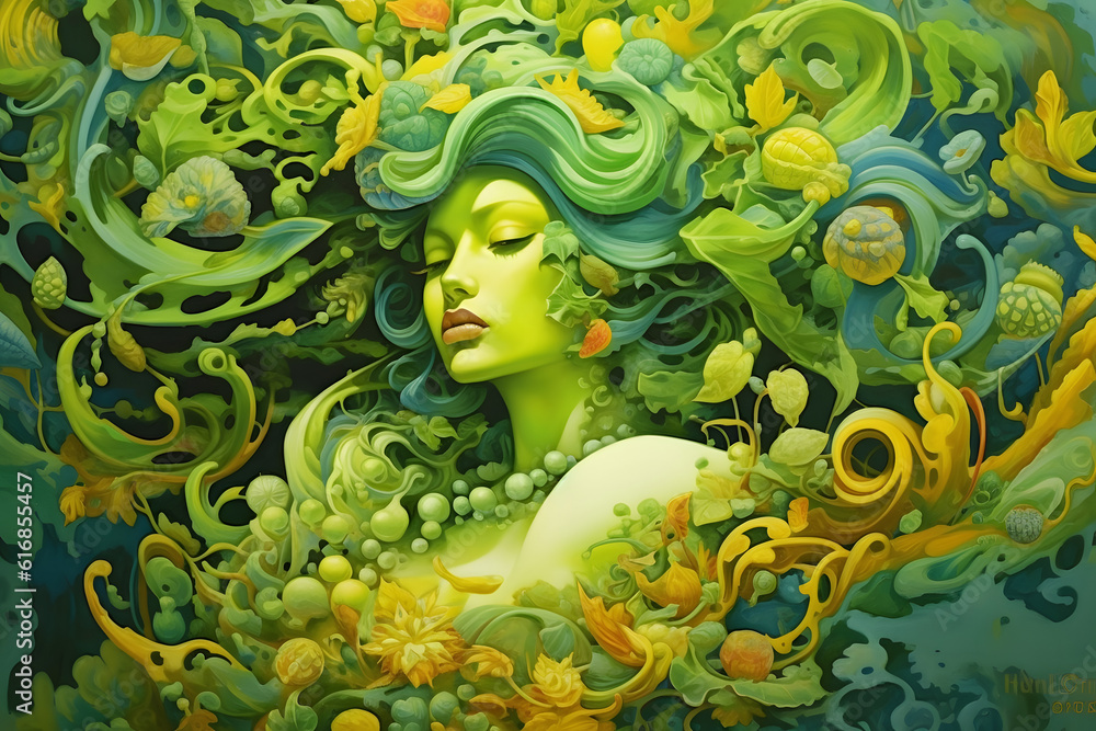 Earthly Enchantress: Woman a s an emboidment of Nature's Beauty and Power, Ethereal oil Art of a woman in Green and Yellow captivating the bond between Femininity and Natural Elements. Earthly Enchantress: Woman a s an emboidment of Nature's Beauty and Power, Ethereal oil Art of a woman in Green and Yellow captivating the bond between Femininity and Natural Elements.