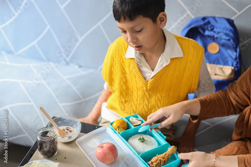 Mother hands giving tasty lunch in box to her son, prepare  to school. photo