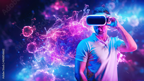 Caucasian Man Immersed in metaverse Virtual Biology World of Germs and Bacteria Through VR Headset
