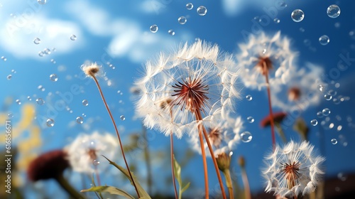 Dandelion seeds dispersing in the air
