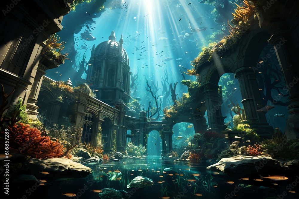 Underwater cityscape shimmering buildings wallpaper