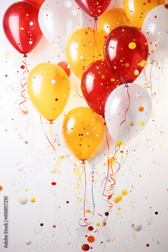 fliegende rote, gelbe und weiße Party Ballons mit Konfetti. Generative Ai.