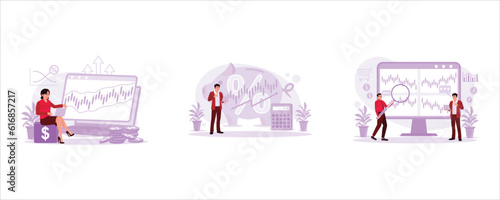 Crypto traders analyze rising graphs and charts. Young investors calculate profits and income from investments made. Two young business people are analyzing charts on the stock market. Trend Modern ve