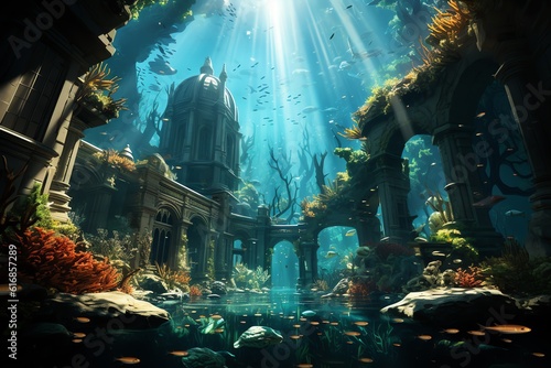 Underwater cityscape shimmering buildings wallpaper