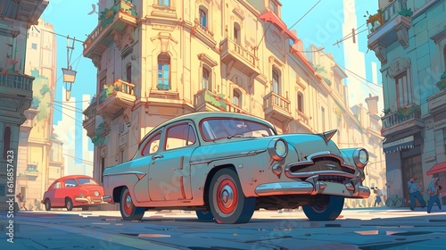 Vintage car pop art in a bustling 50s cityscape