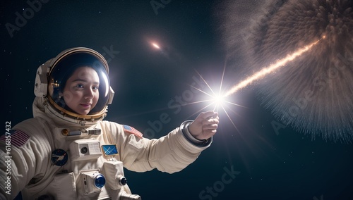 An Image Of A Wonderful Woman In A Space Suit Holding A Sparkler