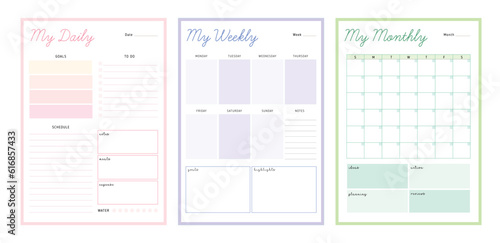 3 set of Monthly, daily, weekly planner. Vector illustration. 