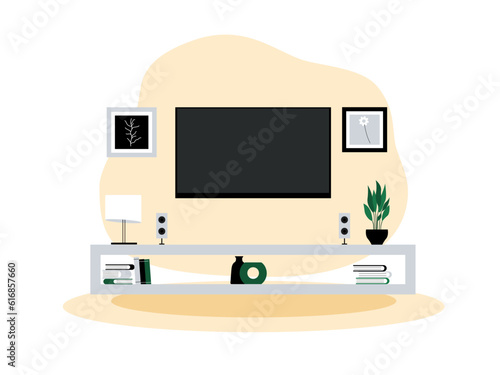 Living room design interior. Vector Illustration. Living room with frame, table, lamp. television, books, plant