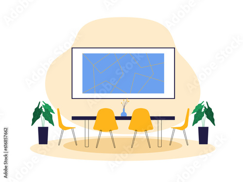 Living room design interior. Vector Illustration. Living  room with frame, chair, table, plant