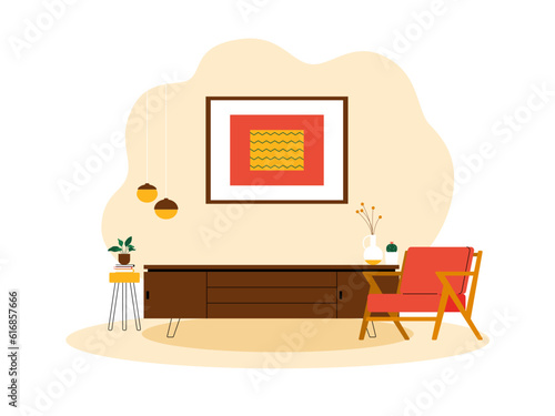 Living room design interior. Vector Illustration. Living room with chair, frame, lamp, plant