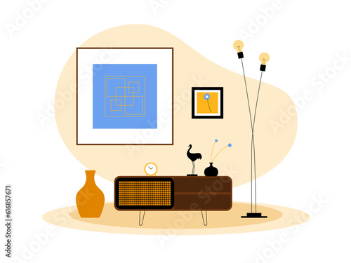 Living room design interior. Vector Illustration. Living  room with frame, lamp, table, clock, display, jar