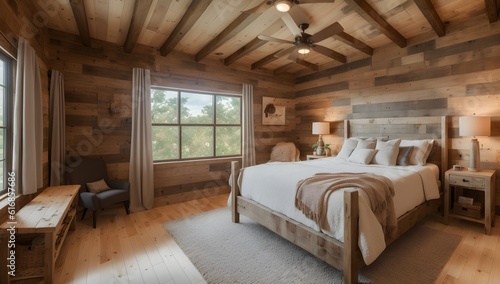 An Artful Depiction Of A Striking Rustic Bedroom With Wood Paneling AI Generative