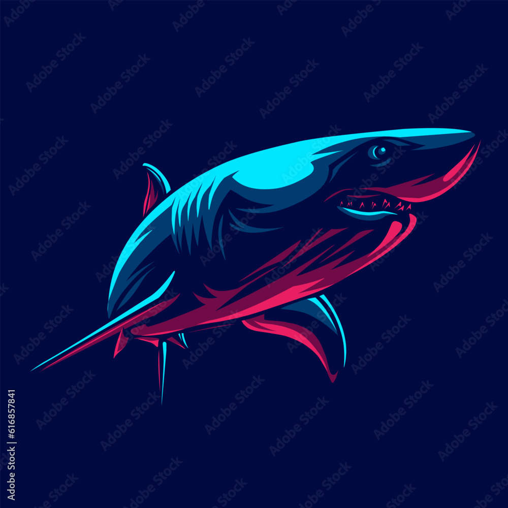 Naklejka premium Shark logo with colorful neon line art design with dark background. Abstract underwater animal vector illustration.