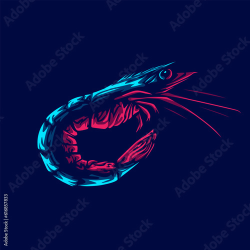Shrimp logo with colorful neon line art design with dark background. Abstract hand drawn sketch vector illustration.