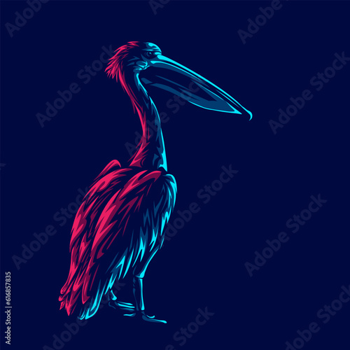 Pelican logo with colorful neon line art design with dark background. Abstract beach animal vector illustration.