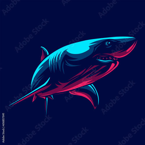 Shark logo with colorful neon line art design with dark background. Abstract underwater animal vector illustration.