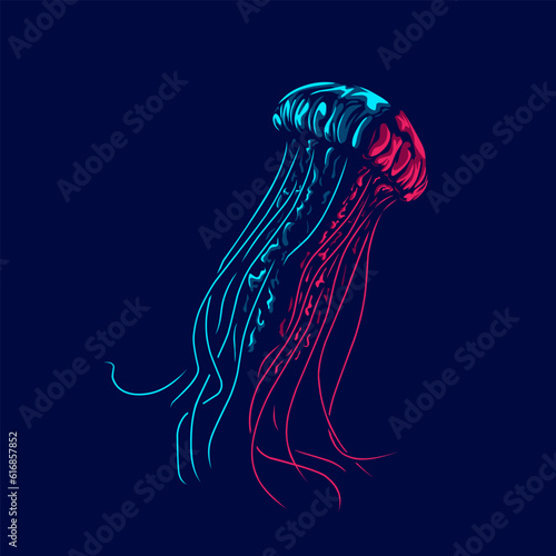 Jellyfish logo with colorful neon line art design with dark background. Abstract underwater marine animal hand drawn sketch vector illustration.