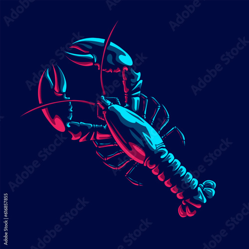 Lobster logo with colorful neon line art design with dark background. Abstract underwater animal vector illustration.