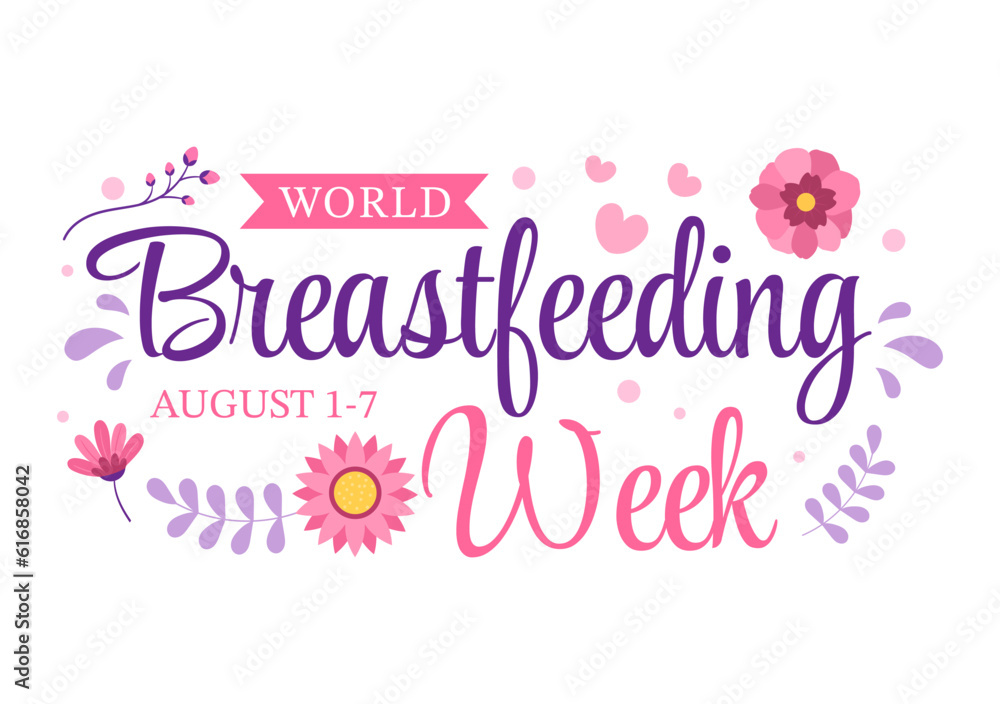 World Breastfeeding Week Vector Illustration of Feeding of Babies with Milk from a Womans Breast in Flat Cartoon Hand Drawn Templates